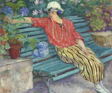 Young woman seated with hydrangeas Artwork by Henri Lebasque