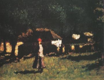 Gipsy Shacks with Woman in Red Scarf Artwork by Jozsef Koszta