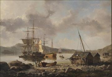In A Norwegian Harbor Artwork by Johan Jacob Bennetter