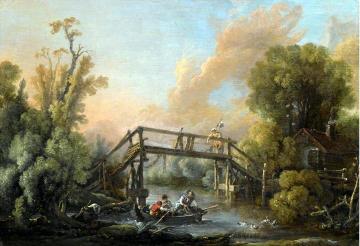 A River Lanscape with a Woman Crossing a Bridge Artwork by Francois Boucher