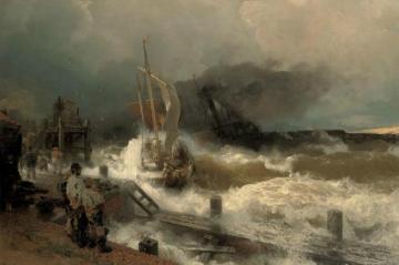 A Fishing Boat and a Steamer in Rough Seas Artwork by Andreas Achenbach