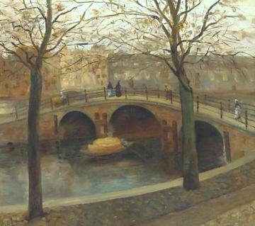 Figuress walking across a Bridge over a Dutch Canal Artwork by George Heidrik Breitner