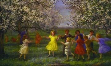 Children Playing In The Orchard Artwork by Jennie Brownscombe