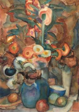 A Still Life With Flowers In A Vase, Fruits And Bowls Artwork by Leo Gestel