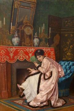 Woman Sitting In Front Of A Fireplace Artwork by Auguste Toulmouche