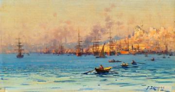 Two Views Of The Bosphorus (2) Artwork by Fausto Zonaro