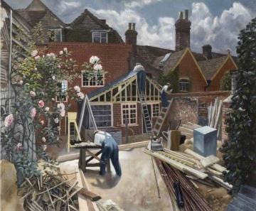 Builders at Work, Brick House, Great Bardfield Artwork by John Arthur Malcolm Aldridge