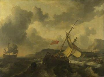 An English Vessel and a Man-of-war in a Rough Sea off a Coast with Tall Cliffs Artwork by Ludolf Bakhuizen