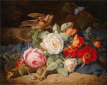 Bouquet of Flowers with Roses, Butterfly and Snail Artwork by Josef Lauer