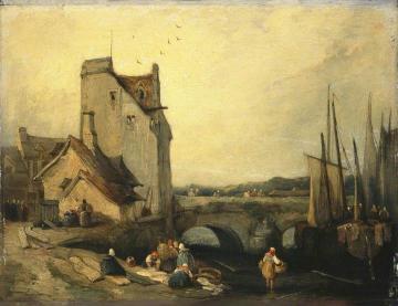 View in Brittany:  Bridge, Cottages and Washerwomen Artwork by Richard Parkes Bonington