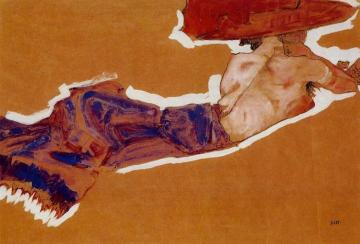 Reclining Semi-Nude with Red Hat Artwork by Egon Schiele