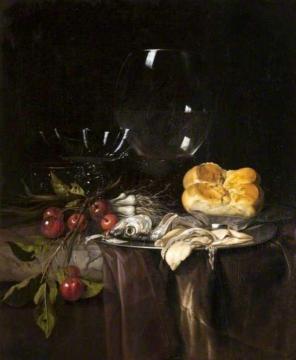 Still Life, Herring, Cherries and Glassware Artwork by Willem van Aelst
