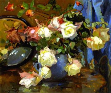 Roses In A Blue Bowl Artwork by Franz Bischoff