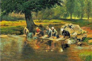 Women Washing Clothes In The River Artwork by Adolphe Theodore Jules Potemont