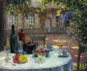 Table with Dahlias Artwork by Henri Le Sidaner
