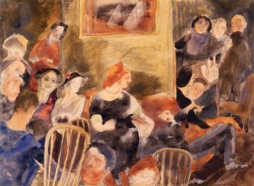 Interior With Group Of People Around Red-headed Woman Artwork by Charles Demuth