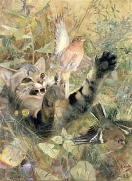 A Cat and a Chaffinch Artwork by Bruno Liljefors