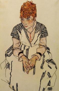 The Artist's Sister-in-Law in a Striped Dress, Seated Artwork by Egon Schiele