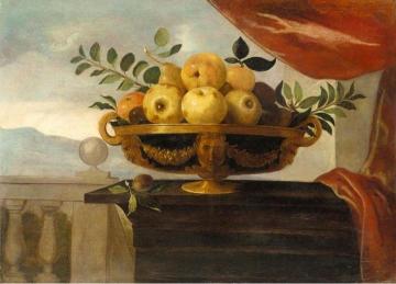 Still-Life of Apples, Pears and Plums in a Bowl, Set Upon a Wooden Table Before a Landscape Artwork by Pedro de Camprobin