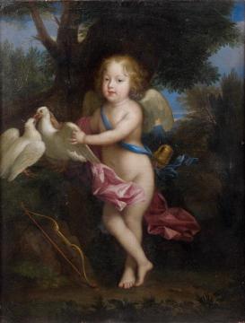 Portrait d'un jeune garçon en cupidon jouant avec des colombes Artwork by Jean Nocret