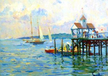 Boats by a pier Artwork by Edward Cucuel