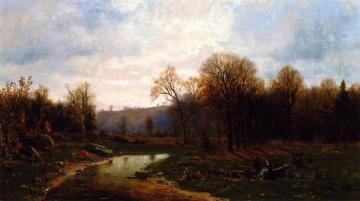 Figures y a River in an Autumnal Landscape Artwork by Jervis McEntee