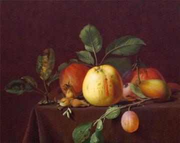 Autumn fruits and nuts on a table Artwork by Otto Didrik Ottesen