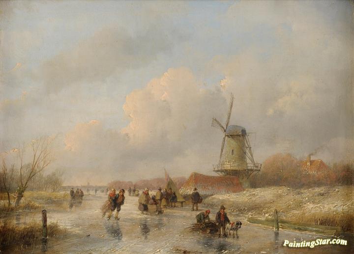 Winter landscape with river Artwork by Andreas Schelfhout