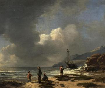 Ship In The Surf Before A Rocky Coast Artwork by Andreas Achenbach