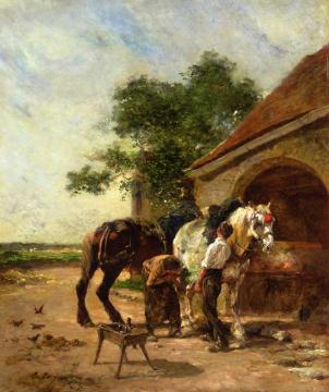 Attending to the Horses Artwork by Charles-Émile Jacque