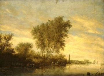 River landscape with fishermen setting out their nets, a ferry beyond Artwork by Salomon van Ruysdael