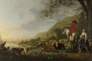A Hilly Landscape with a Horseman Talking to a Shepherdess Artwork by Aelbert Cuyp