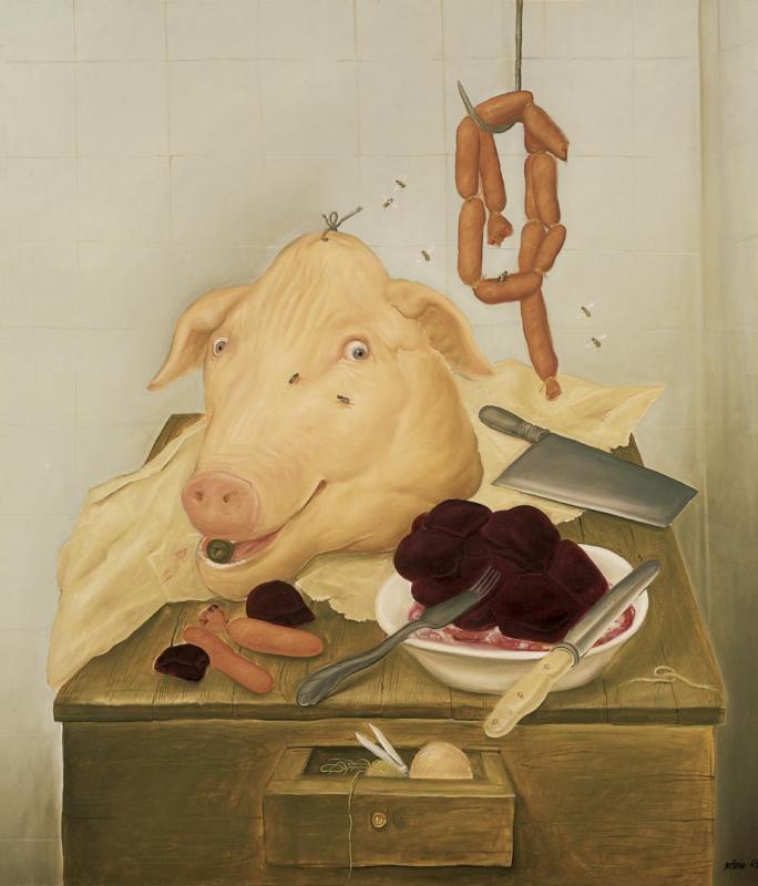 The Butchers Table (la Mesa Del Carnicero), Still Life With Pig's Head Artwork by Fernando Botero