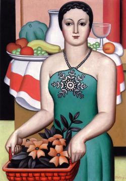 Woman in the Foreground with a Basket of Fruit and Background Still LIfe Artwork by Jean Metzinger