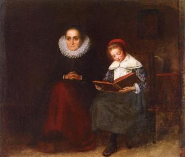 Old Woman and Child Reading a Book Artwork by Richard Caton Woodville