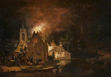 A Fire At Night Artwork by Egbert van der Poel