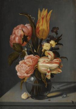 Still Life with Tulips, Roses, Marigolds and other Flowers, in a Glass Vase Artwork by Ambrosius Bosschaert