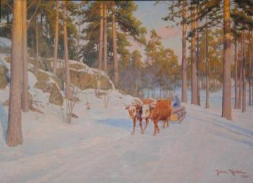 Oxen in winter landscape Artwork by Johan Krouthén