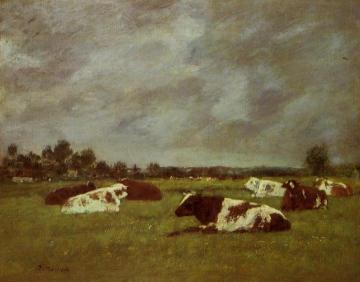 Cows in a Meadow, Morning Effect Artwork by Eugène-Louis Boudin