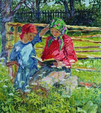 Girls in Headscarves Artwork by Nikolai Petrovich Bogdanov-belsky
