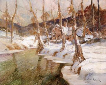 Cottages By River, Winter Artwork by Georges Ames Aldrich