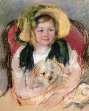 Sara with Her Dog, in an Armchair, Wearing a Bonnet with a Plum Ornament Artwork by Mary Cassatt