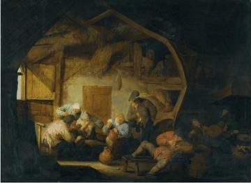 The Interior of a Barn with Peasants Playing Cards around a Stool Artwork by Adriaen van Ostade