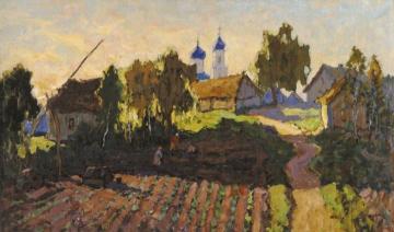 Village Landscape with Field and Church Artwork by Konstantin Gorbatov