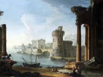 A Ruined Ionic Portico And A Tower By An Inlet, A Port And A Hilltop Town Beyond Artwork by Antonio Joli