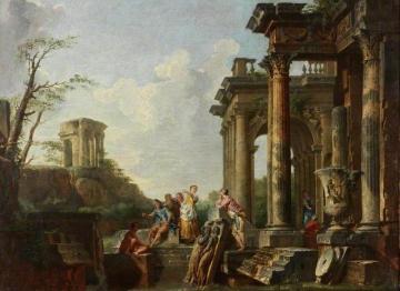 Architectural Capriccio, Roman Ruins with Figures Artwork by Giovanni Paolo Pannini