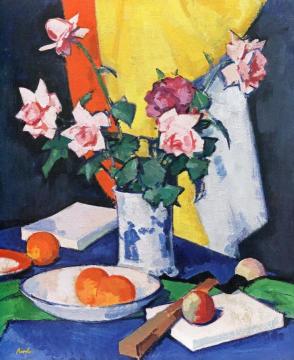 Red And Pink Roses, Oranges And Fan Artwork by Samuel John Peploe