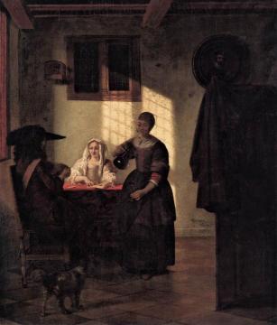 A Couple Playing Cards, with a Serving Woman Artwork by Pieter de Hooch
