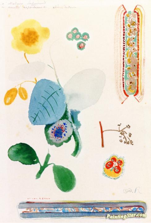Page of Studies: Branches of Flowers, Butterfly and Decoration Artwork by Odilon Redon