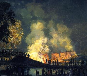 The Burning of Center Bridge Artwork by Edward Willis Redfield